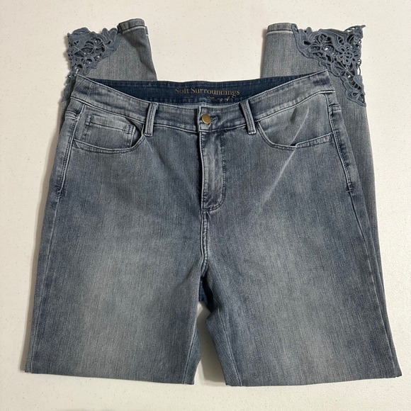 Soft Surroundings Denim - Soft Surroundings Lace Hem Slim Straight Jeans Medium Wash Denim Blue Boho 12T